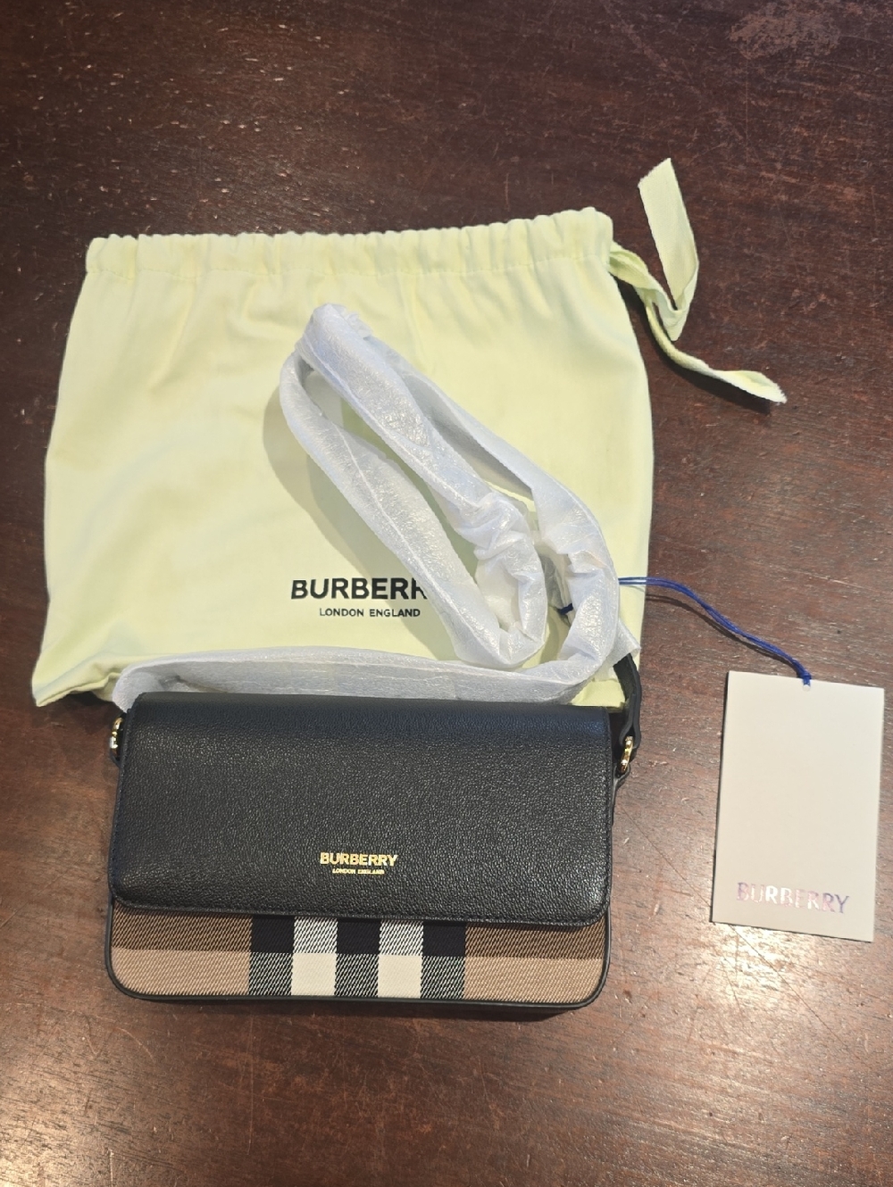 Burberry Black Leather & Beige Check Hampshire Small Crossbody Bag